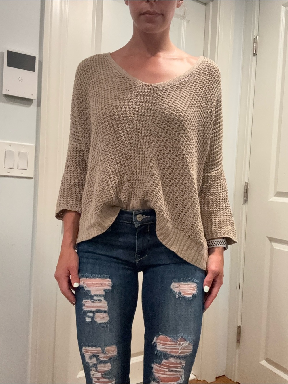 Express Off-the-Shoulder Waffle Knit Sweater in Beige